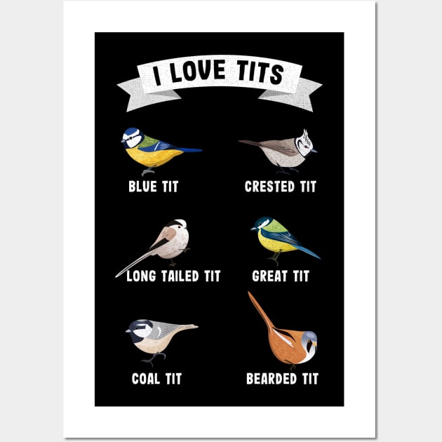 "I love tits" Funny Ornithology birdwatching gift for birder Wall Art by qwertydesigns
